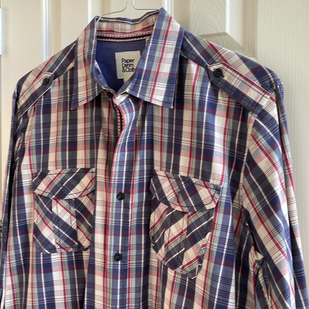 Paper Denim Cloth Shirt Men Large Multicolor Plaid Button Front Size Large